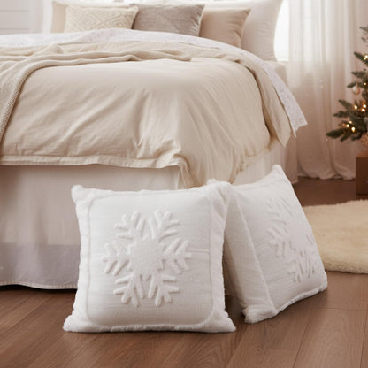 Newwiee Christmas Throw Pillow Covers 18x18 Inch Set of 2 Snowflake Pillow Cases Soft Plush Faux Fur Couch Cushion Case for Chair Sofa Bedroom Living Room Home Decor (White)