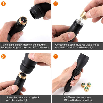 Predator Hunting Flashlight Kit - Rechargeable Red, Green, White & Amber Light | Scope Rail Mount & 10-Hour Battery Life