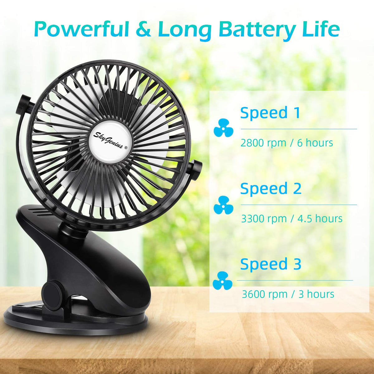 SkyGenius Battery Operated Stroller Fan, Rechargeable USB Powered Mini Clip on Desk Fan