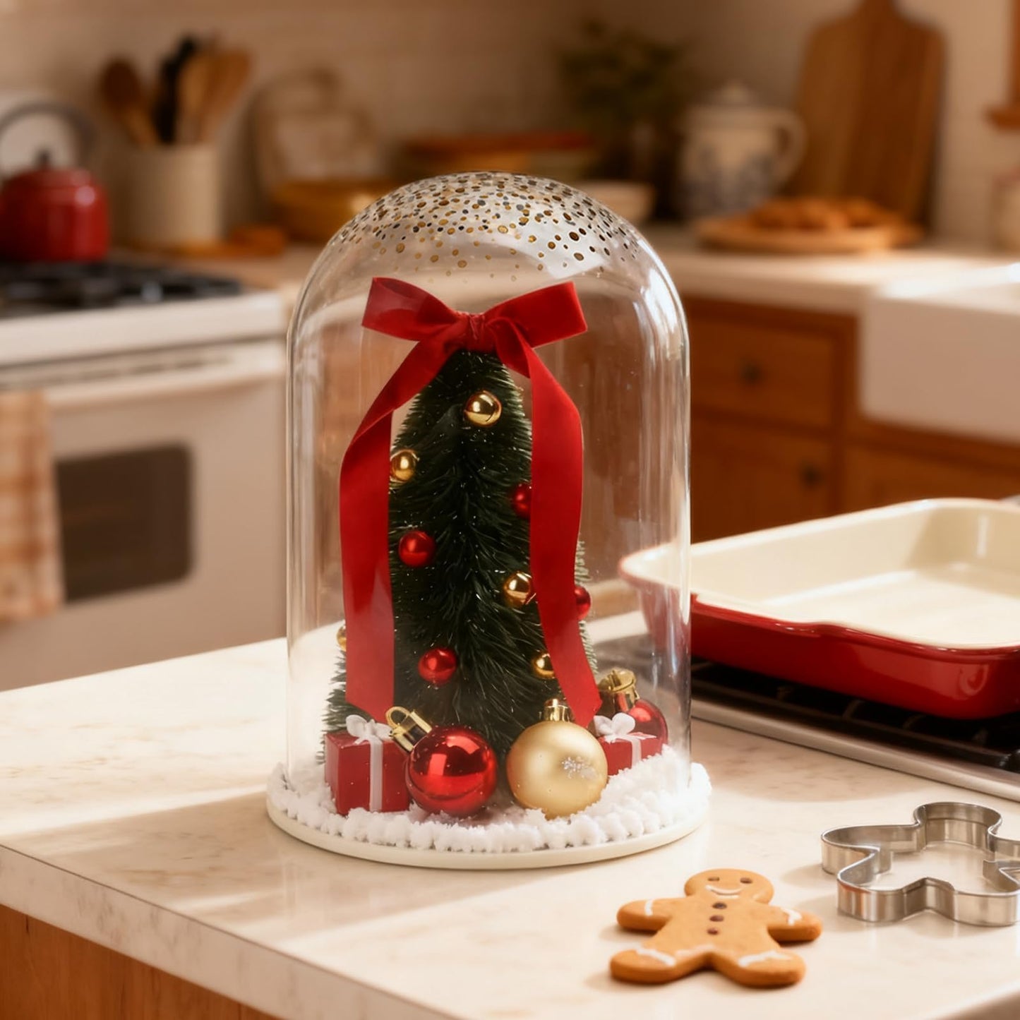 Christmas Decorations Table Centerpieces, Christmas Tree with Ornaments in Dome Cloche, Xmas Winter Tabletop Decor for Tiered Tray Shelf Mantel Fireplace Coffee Table Office Desk Holiday Decoration