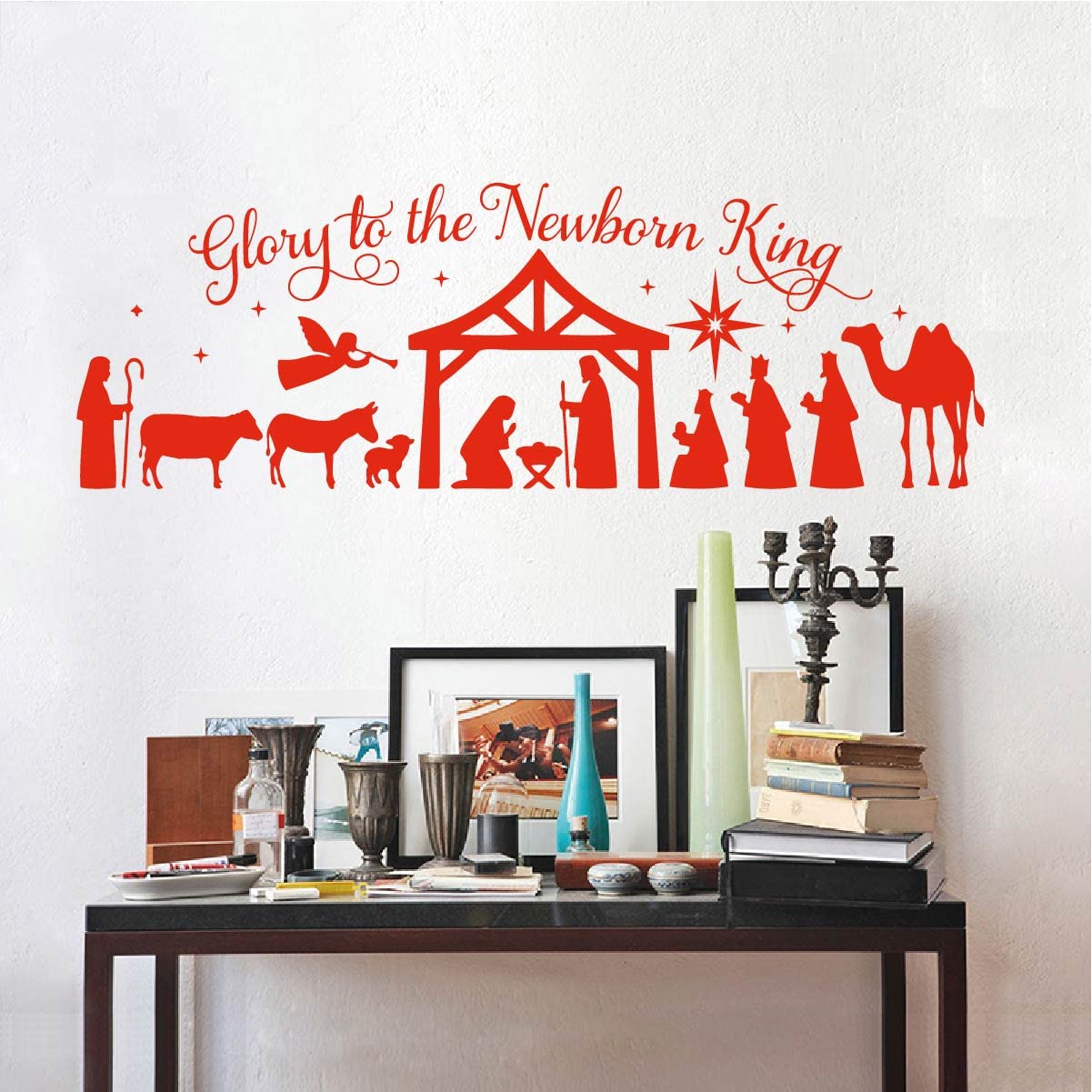 Merry Christmas Wall Stickers Glory to The Newborn King Nativity Scene DIY Christmas Holiday Decoration LL2421 (Red)