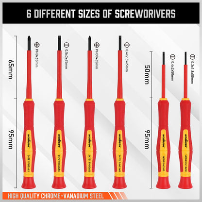 HORUSDY 1000V 6-Piece Mini Insulated Screwdriver Set, Magnetic Tip Mini Electrician Screwdriver Set Slotted(1.8mm,2.0mm2.5mm,3.0mm), Phillips: (PH00, PH0)