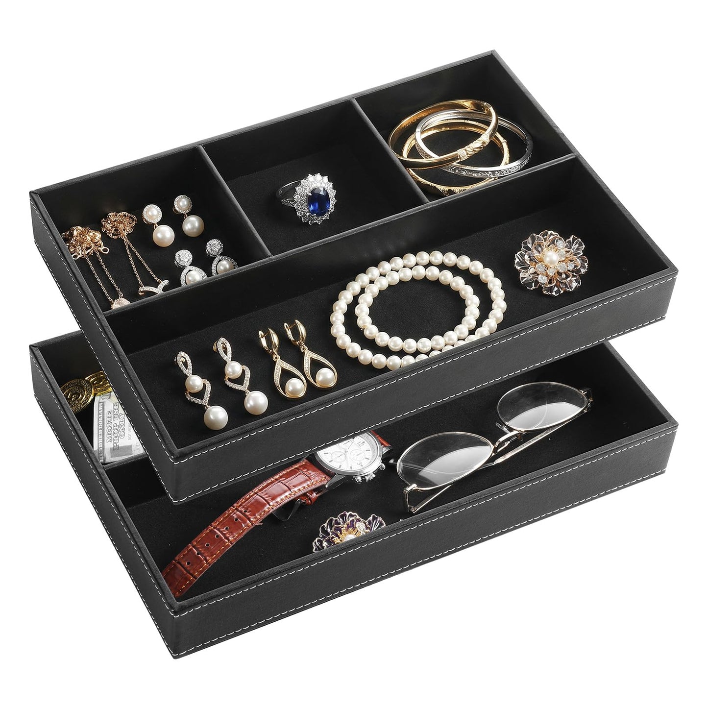 kenaeooe 2-Piece Faux Leather Valet Tray Set, Drawer Storage Organizer Divider for Desk, Nightstand, Jewelry, Keys, Wallet, Sunglasses, Phone, Watch - Black
