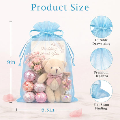 FUNFERY 100 PCS Organza Bags 6x9 in, Baby Blue Mesh Gift Bags with Drawstring, Bulk Clear Gift Bag for Wedding Party Favors Treats, Large Mesh Goodies Bag for Baby Shower, Drawstring Pouch for Jewelry