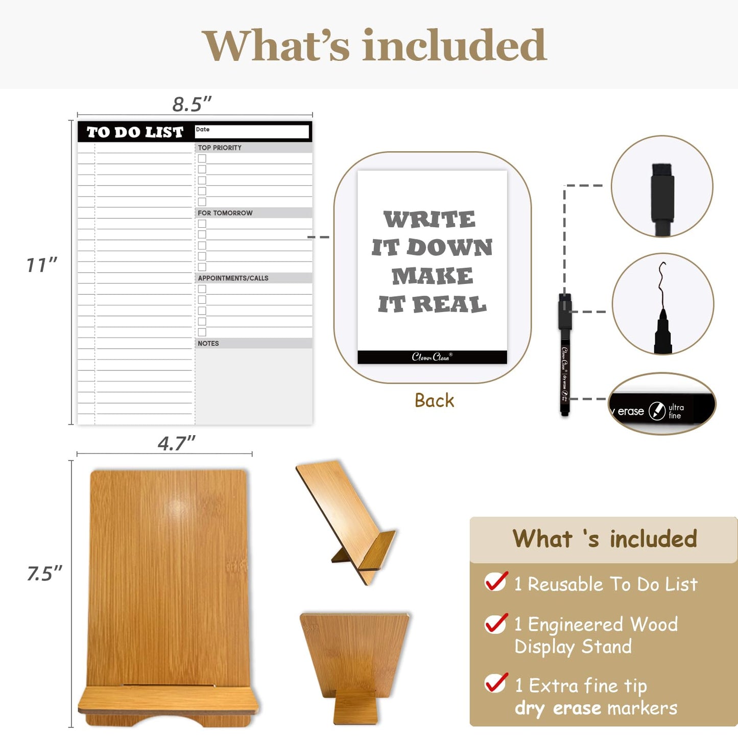 Dry Erase Desk Planning Board - Reusable Desktop Daily Planning Board, Work to-do List - 11"x8.5" Tabletop Dry Erase Board with Stand - Marker Included