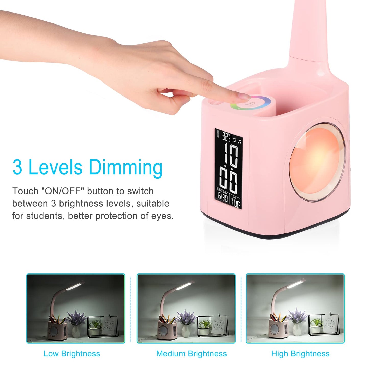 wanjiaone LED Desk Lamp with Clock,Color Changing Nightlight,Study Lamp with Pen Holder,Desk Light with USB Charger,Table Light for Home,Office,Bedroom,Gift for Kids,Students,Women,Pink