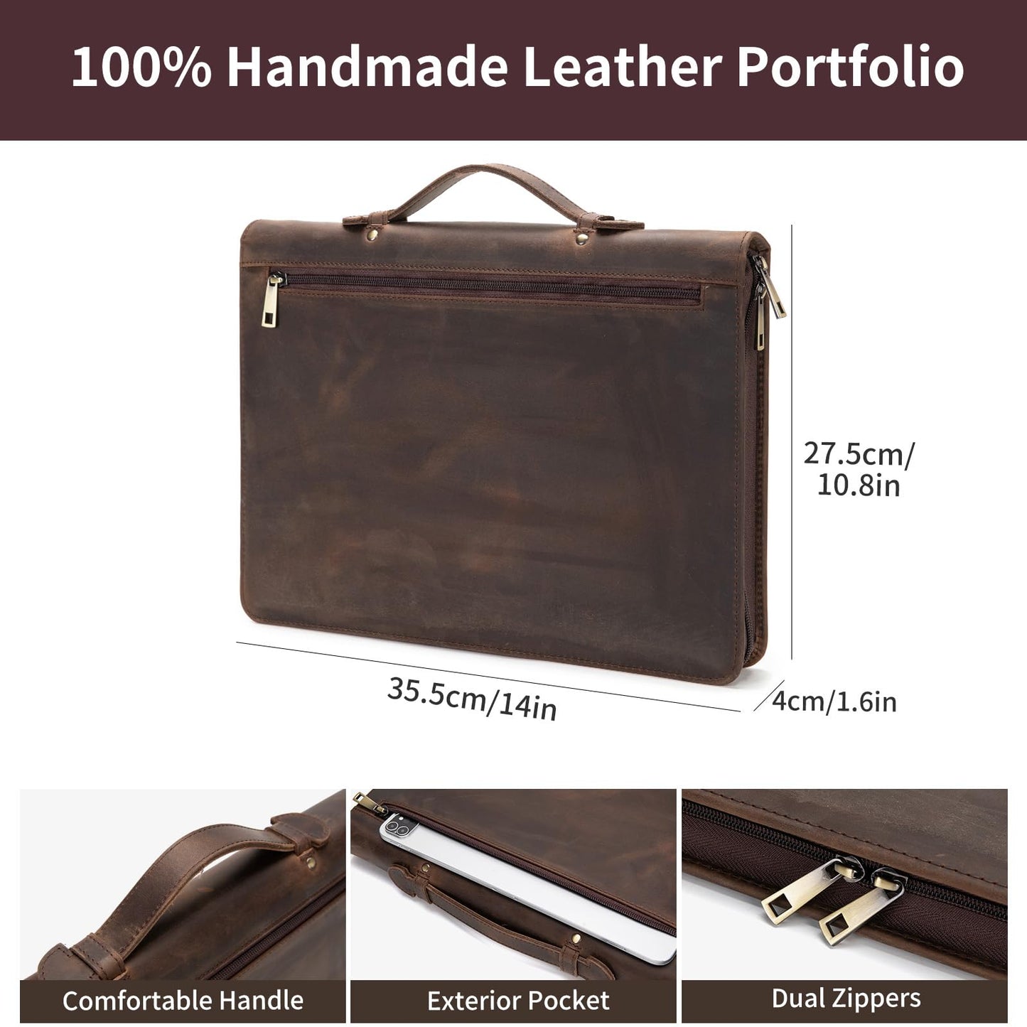 Geslun Genuine Leather Portfolio with Hidden Handle, Zippered Front Pocket, Business Padfolio for Men and Women, 8.5 x 11 Legal Pad Notebook Holder, Office Letter Notepad Folio, Dark Khaki