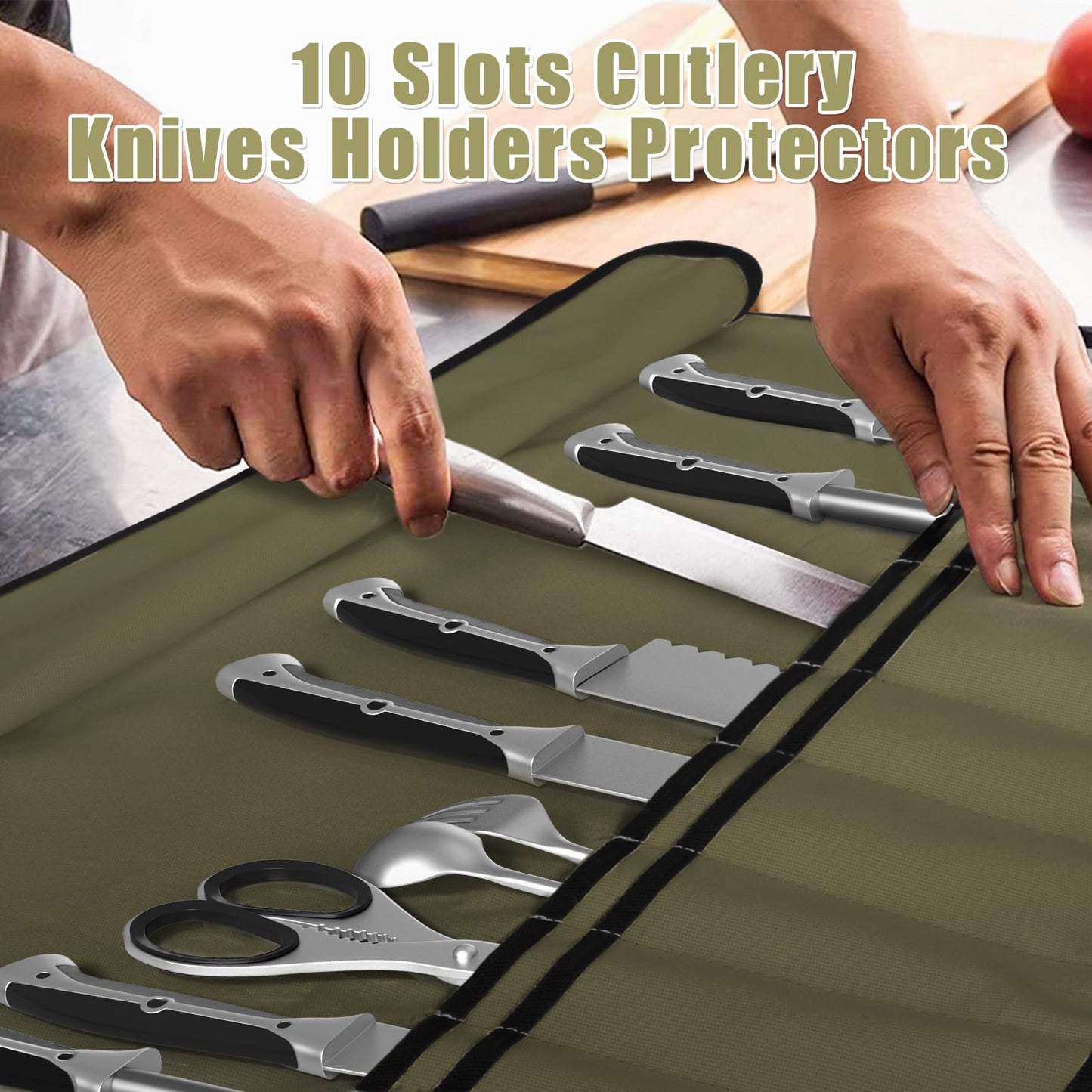 QIQU Army Green Chef Knife Bag With 20 Slots Cutlery Knives Holders Protectors, Home Kitchen Travel Cooking Tools, Portable Canvas Knife Roll Storage Bag Chef Case for Camping or Working
