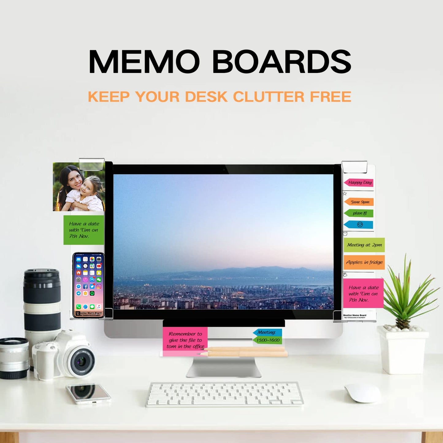 Monitor Memo Boards for Computer, Set of 3 (Left & Right & Bottom) Multifunction Acrylic Screen Message Reminder Pad Side Panels Phone Holder - Utility Organizer for Office Desktop, with Sticky Notes