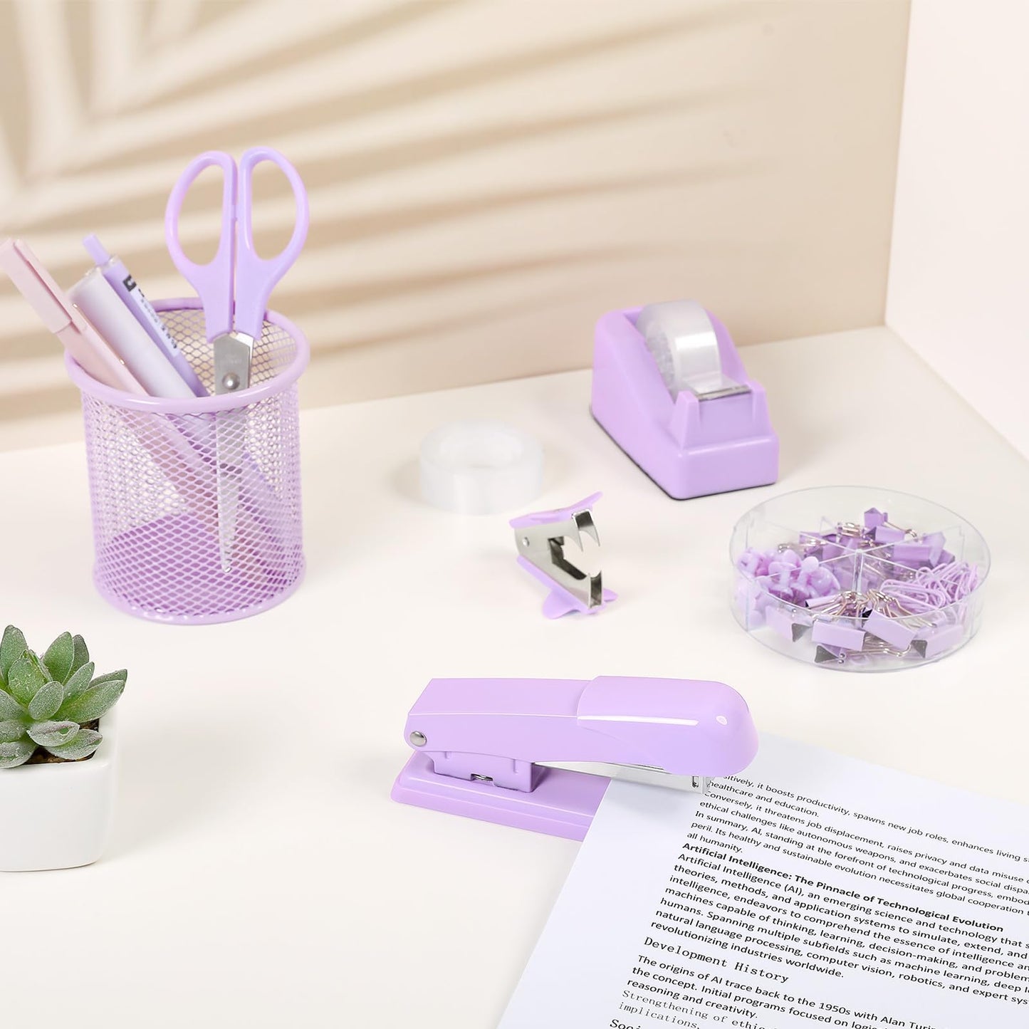 SKYDUE Purple Desk Accessories, Purple Office Supplies Set, Stapler, Tape Dispenser, Scissors, Binder/Paper Clips and 1000pcs Staples,Office Supplies for Women