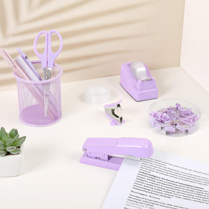 SKYDUE Purple Desk Accessories, Purple Office Supplies Set, Stapler, Tape Dispenser, Scissors, Binder/Paper Clips and 1000pcs Staples,Office Supplies for Women