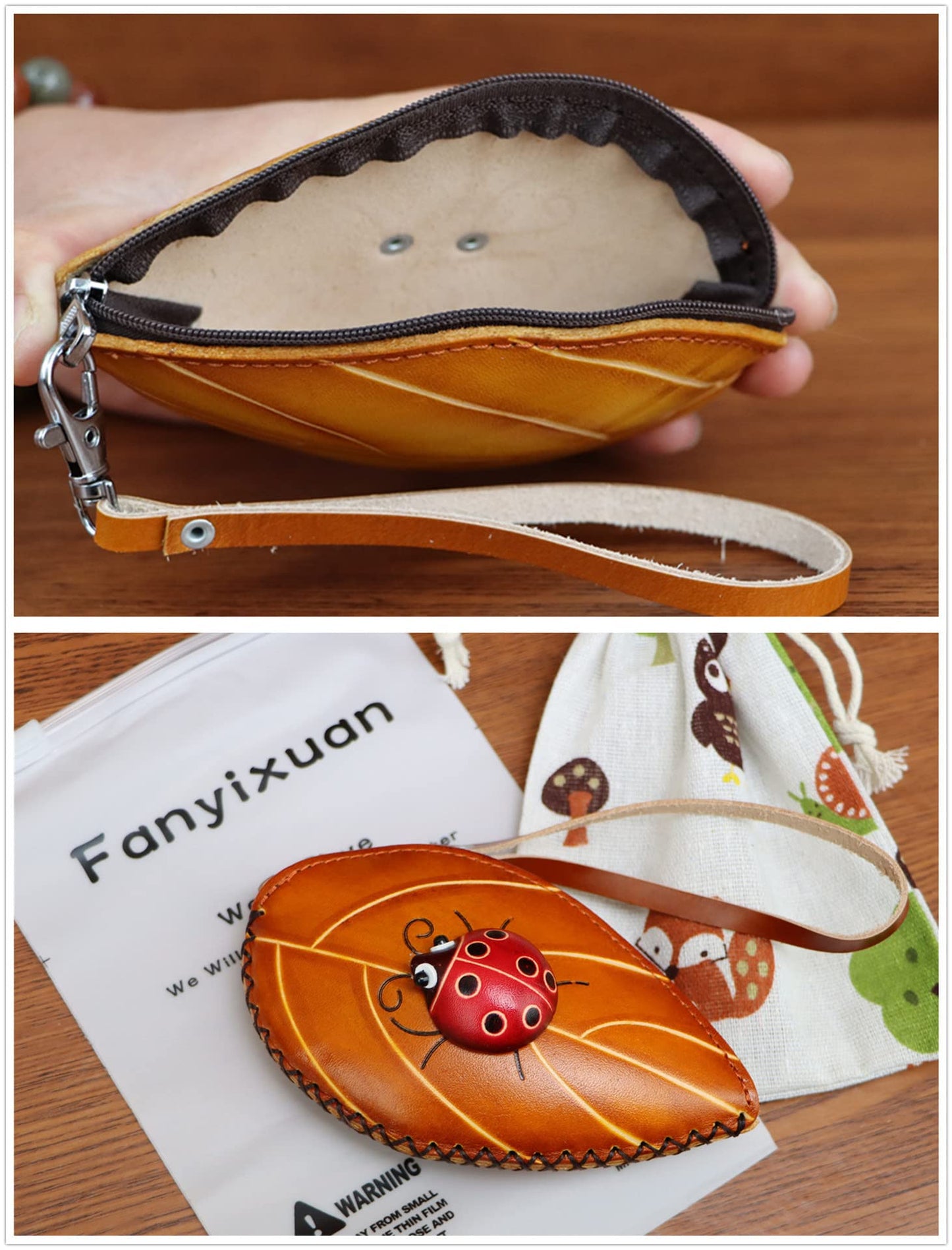 Fanyixuan Ladies Leaf Ladybug Leather Coin Purse Can Put Coin Clutch Bag Handmade Leather Creative Key Case (Yellow)