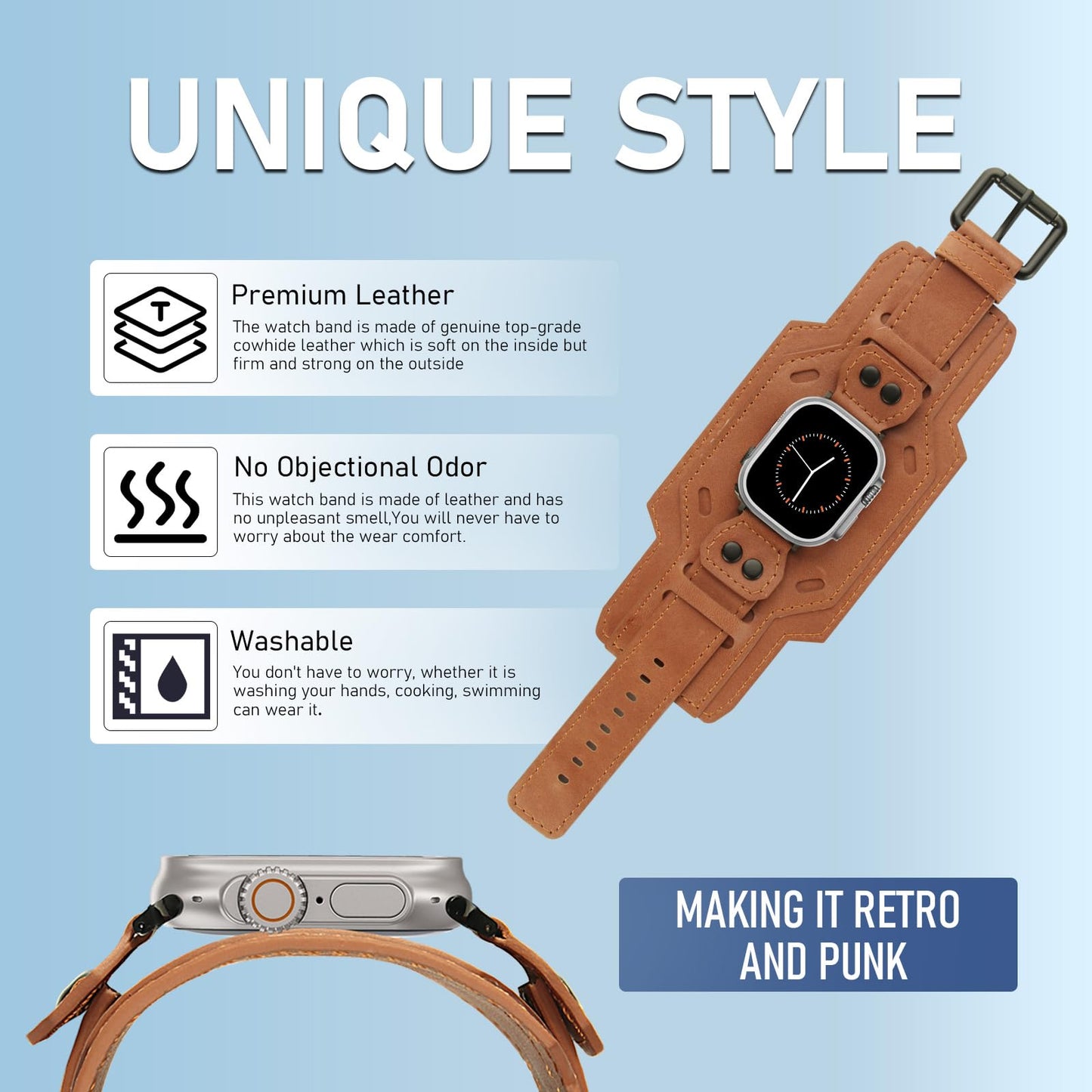 VIQIV Leather Band Compatible with Apple Watch 45mm for Men 44mm 42mm 41mm 40mm 38mm 46mm 49mm SE Bands Women, Cuff Bracelet Wide Sport Straps Wristband for Iwatch Series 10 9 8 7 6 5 4 3 SE SE2 Ultra 2 ,Brown 44/45/46/49/42MM(Series 3 2 1)