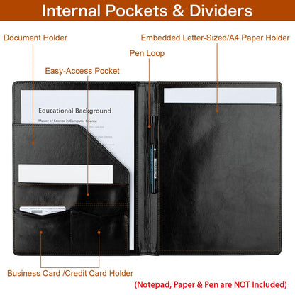 Padfolio Portfolio Binder, Faux Leather Folder, Resume Interview Legal Document Organizer, Letter Sized Writing Pad w/Business Card Holder, A4 Professional Folio for Office Conference (Black)