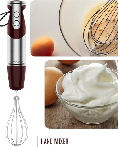 3- in-1 Immersion Hand blender, Powerful MOTOR & Stainless Steel Stick Blender, 4 Sharp Blades with Whisk, Milk Frother Attachments
