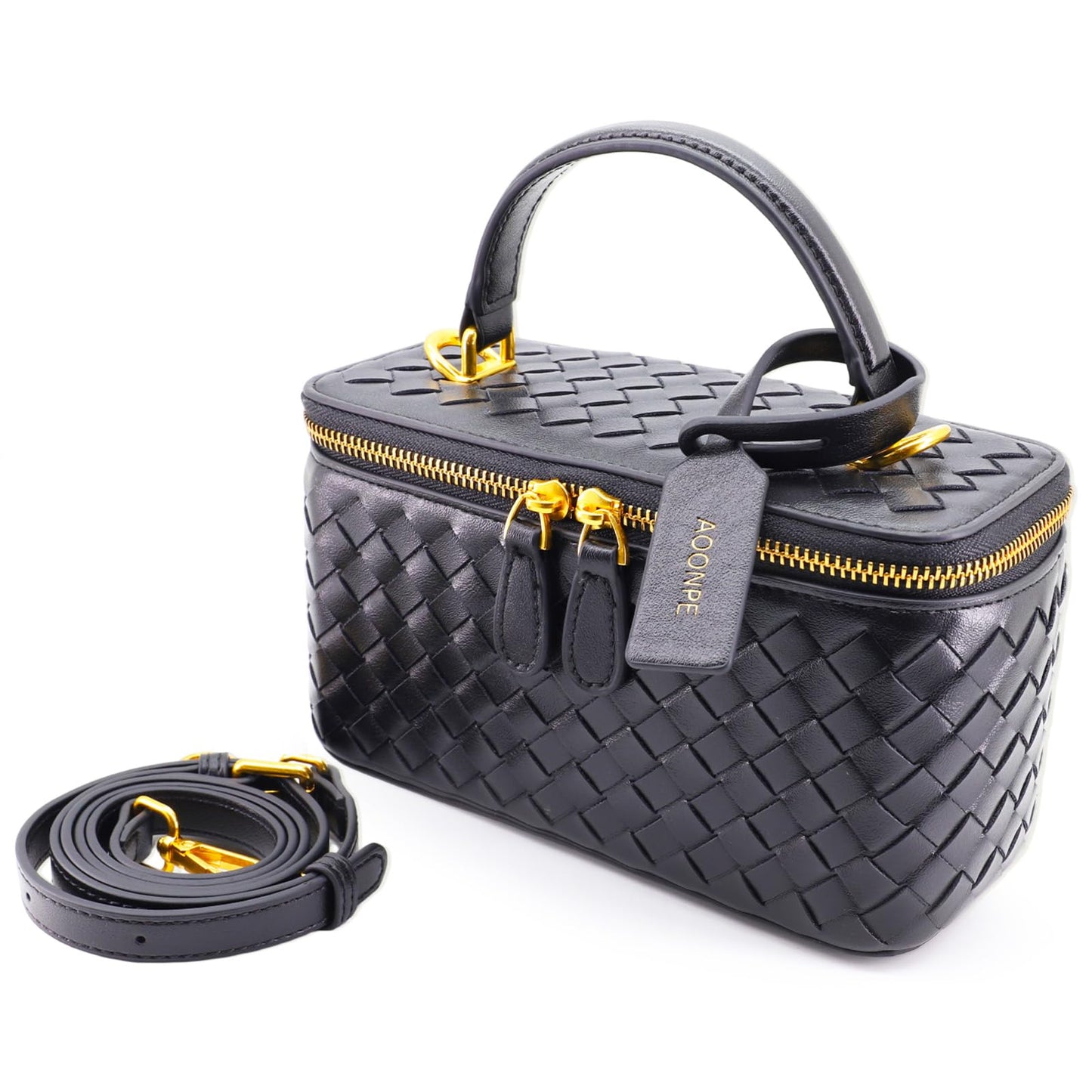 AOOPNE Woven Box Crossbody Purse For Women, Trendy Vegan Leather Shoulder Handbags with Adjustable Strap (Black)
