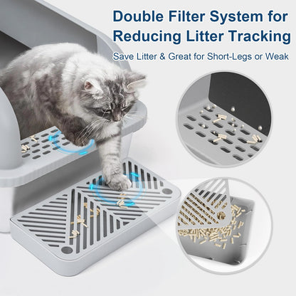 Suzzipaws Enclosed Stainless Steel Cat Litter Box with Lid Extra Large Litter Box for Big Cats XL Metal Litter Pan Tray with High Wall Sides Enclosure, Non-Sticky, Anti-Leakage, Easy Cleaning