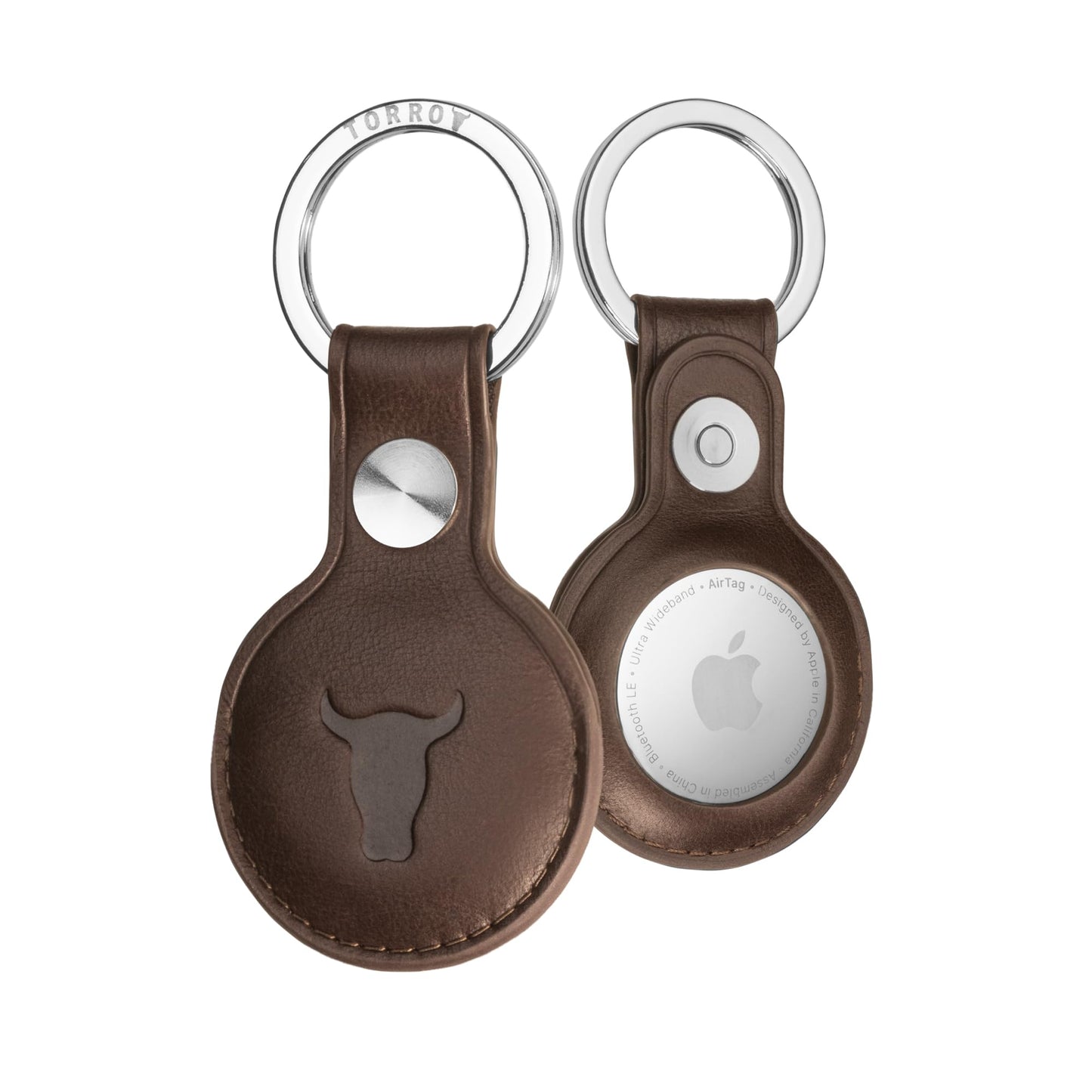 TORRO Leather Keyring/Keychain Compatible with AirTag – Premium Leather Key Holder with Brushed Metal Ring (Dark Brown)
