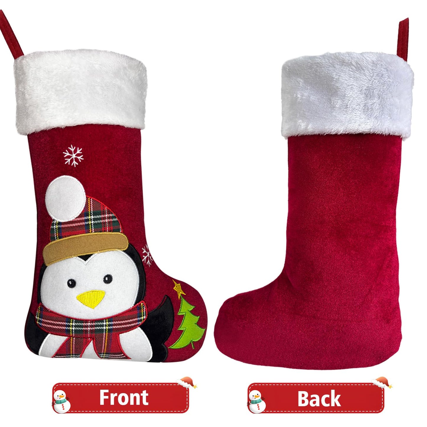 Animal Christmas Stockings with Lined, 20 inch Velvet 3D Deer, Penguin, Reindeer, Bear Snowman Xmas Stockings for Kids Girls Boys Christmas Decorations (Red Penguin)