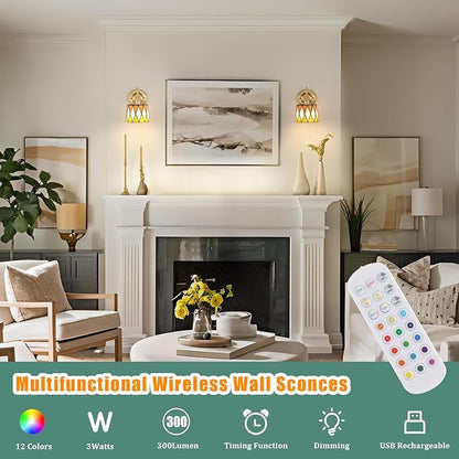 Vintage Battery Operated Wall Sconce Set of 2, 5000mAh Rechargeable Wall Lamp 12 RGB Colors Dimmable, Gold Lights Fixture for Bedroom Bathroom Living Room Hallway Orange Checker