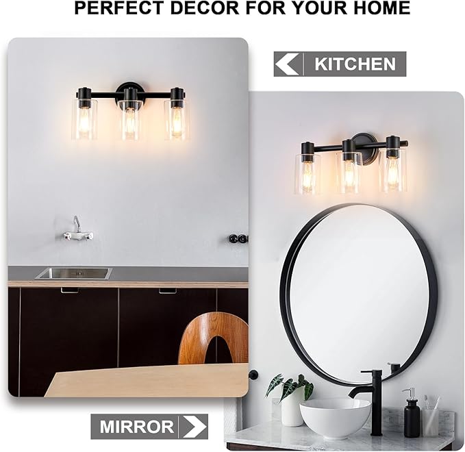3 Light Bathroom Wall Light Fixtures Black Bathroom Wall Sconce with Clear Glass Lights Over Mirror Vanity Lights E26 Base