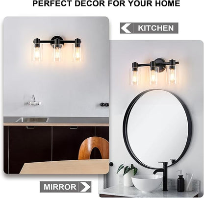 3 Light Bathroom Wall Light Fixtures Black Bathroom Wall Sconce with Clear Glass Lights Over Mirror Vanity Lights E26 Base
