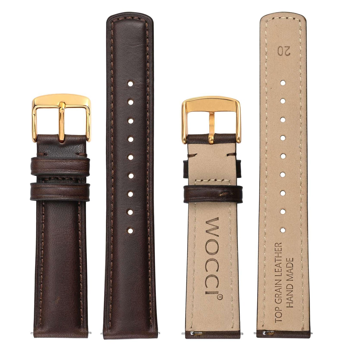 WOCCI 20mm Watch Band for Men and Women, Genuine Leather - Top Grain Leather, Quick Release Strap, Golden Buckle (Dark Brown)
