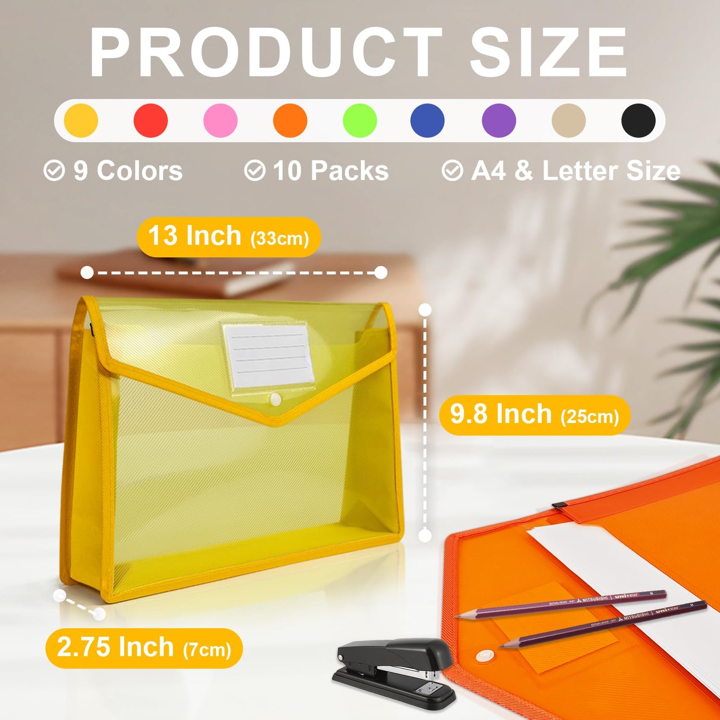 HOUYEE Pack of 10 Plastic Expanding File Folder,Multicolor Envelope File Folder Organizer Holder with Snap Closure,Expandable File Wallet Large Capacity, Fit Letter Size / A4 Documents