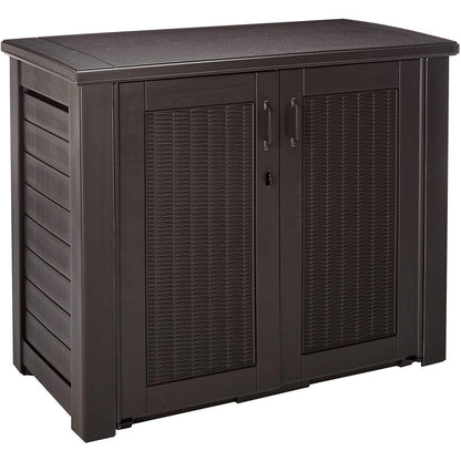 Rubbermaid Decorative Outdoor Storage Cabinet (123 Gal) Weather Resistant Dark Brown Organization for Home/Backyard/Pool Chemicals/Toys/Garden Tools/Porch/Patio Cushions