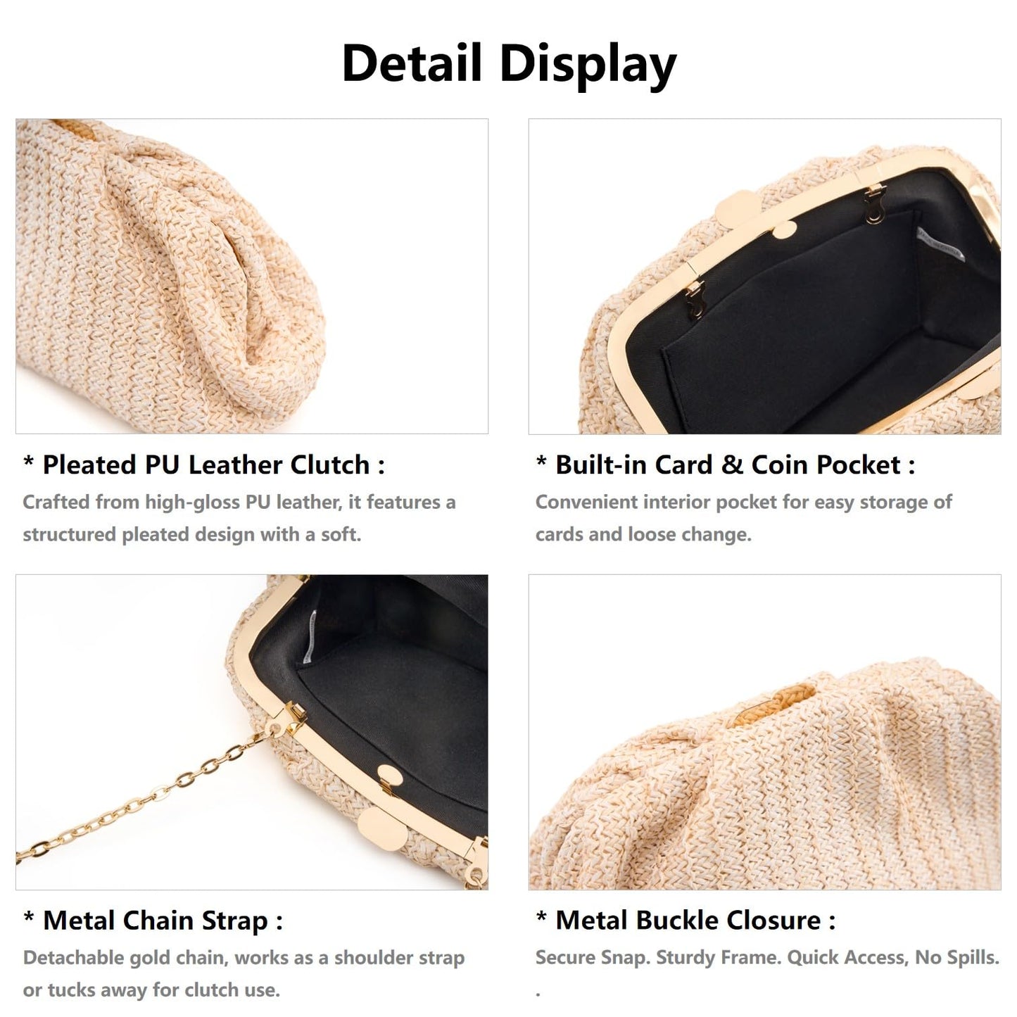 Gurina Pleated PU Straw Clutch Purse for Women Formal - Evening Bag with Detachable Chain for Weddings, Proms (JBB Beige)