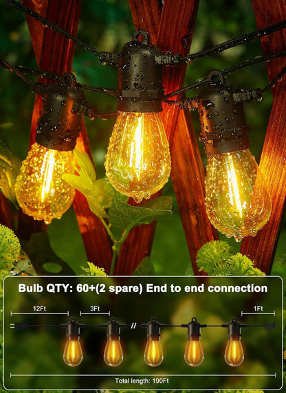 Brightown Outdoor String Lights 190FT with 60+2 Shatterproof Edison Bulbs, Waterproof Hanging Patio Lights Outside for Backyard Deck Garden Party Xmas Decor, 2700K