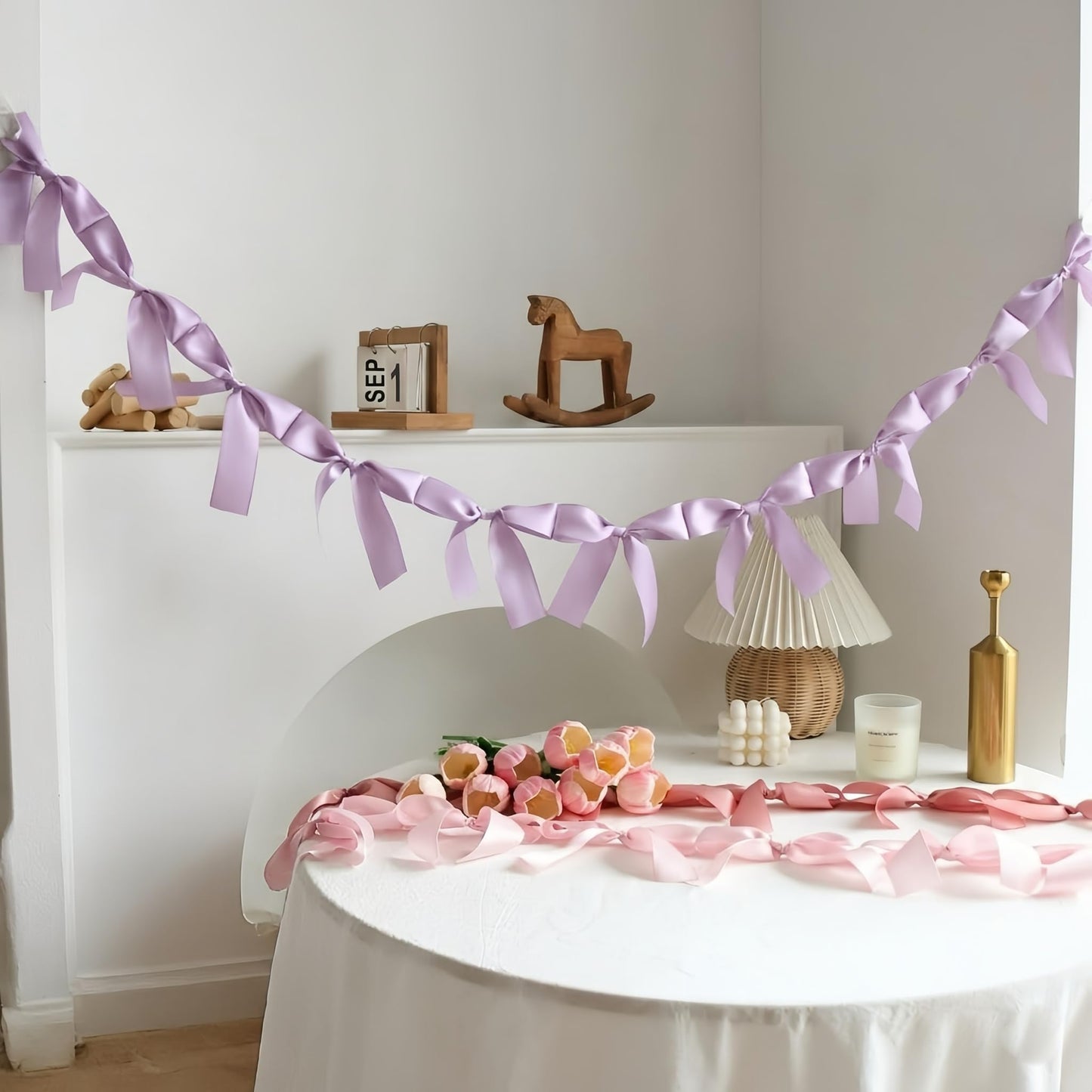Eanjia Bow Knot Garland | 6ft Linking Satin Bow Banner with 3ft Extend Ribbon for Coquette Bachelorette Party, Baby Shower,Bridal Shower Wedding Baby Room Bed Decor (Violet, 6ft)
