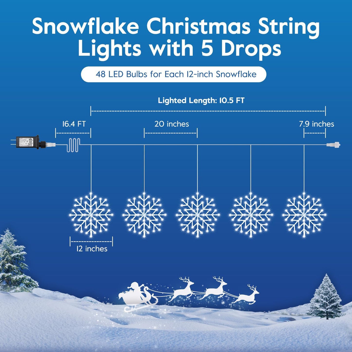 Brightown Christmas Snowflake Icicle Lights Outdoor - Plug-in 10.5ft 5 Drops 240LED Snowflake Window Light with 8 Modes, Hanging Lights for Indoor Outdoor Porch Eaves Rooftops Pergola Christmas Decor