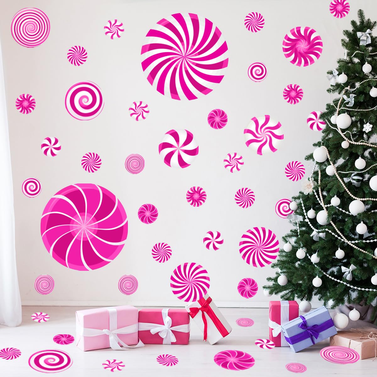 77 Pcs Christmas Candy Wall Decals Decorations Christmas Wall Stickers Pink Peppermint Candy Floor Decals for Xmas Candyland Party Decorations