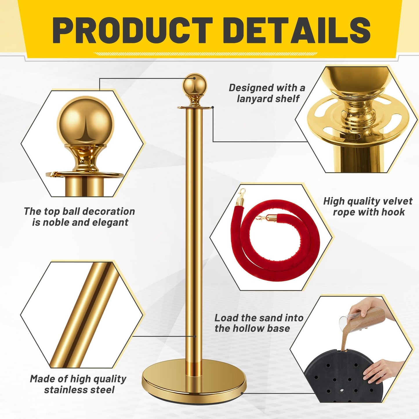 Ferraycle 4 Pcs 2026 Prom Stainless Steel Stanchion 5 ft Velvet Carpet Ropes and Pole Crowd Control Barriers Grand Opening Casino Movie Theme Party 360 Photo Booth Accessories (Gold)