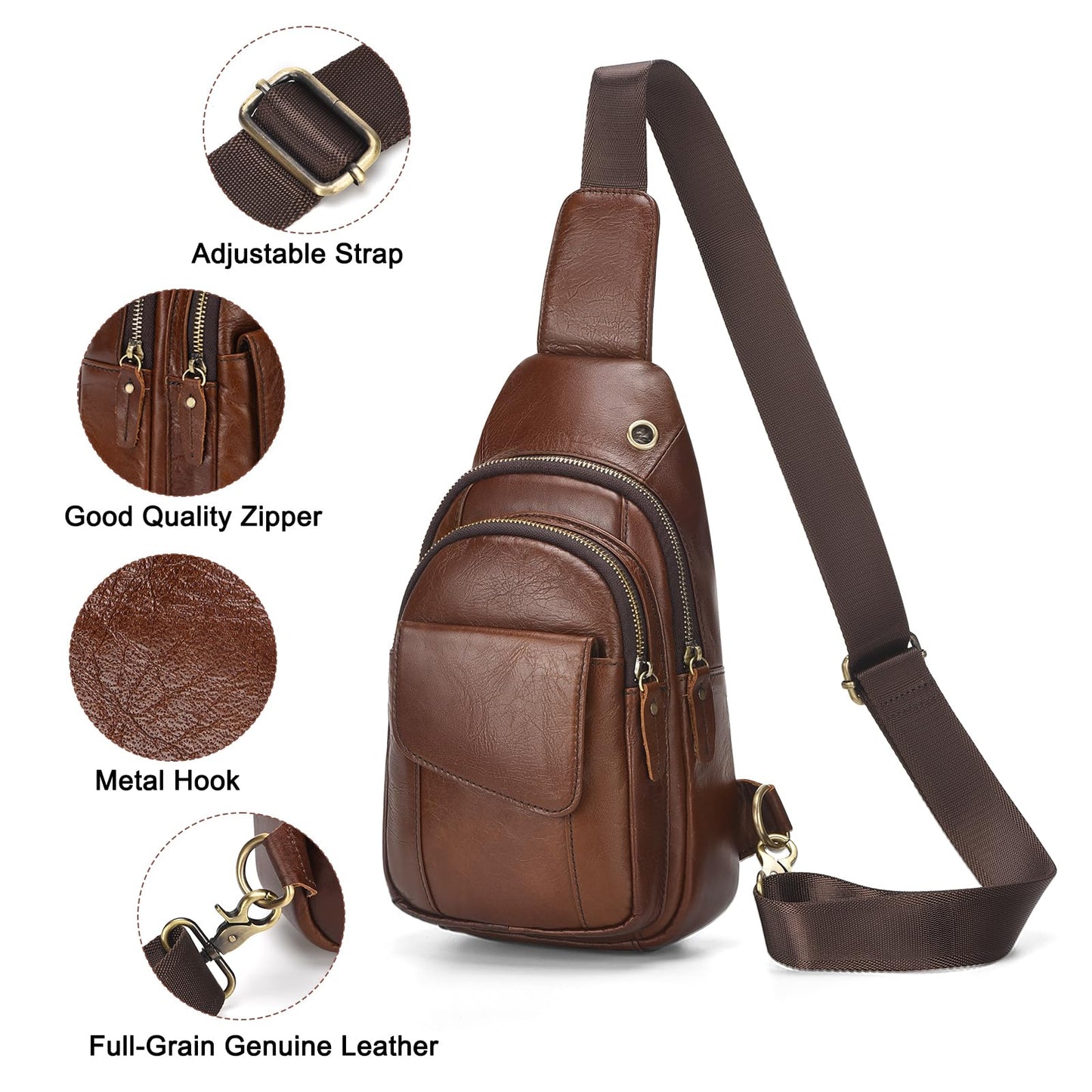 SUIKIHUM Full-Grain Leather Crossbody Bags for Men Women, Vintage Genuine Leather Sling Bag, Trendy Casual Chest Bag, Light Brown