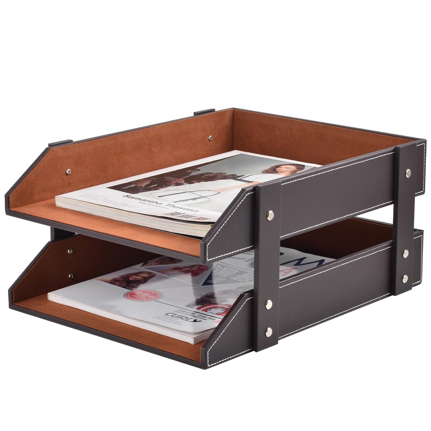 XNONE Leather Desk Organizer,2-Tier Stackable Letter Tray Holder,Office Supplies Desktop Storage Box for Document,Stationery,Magazines,Newspapers,Letters and Other Home Office Paper Sundries,Coffee