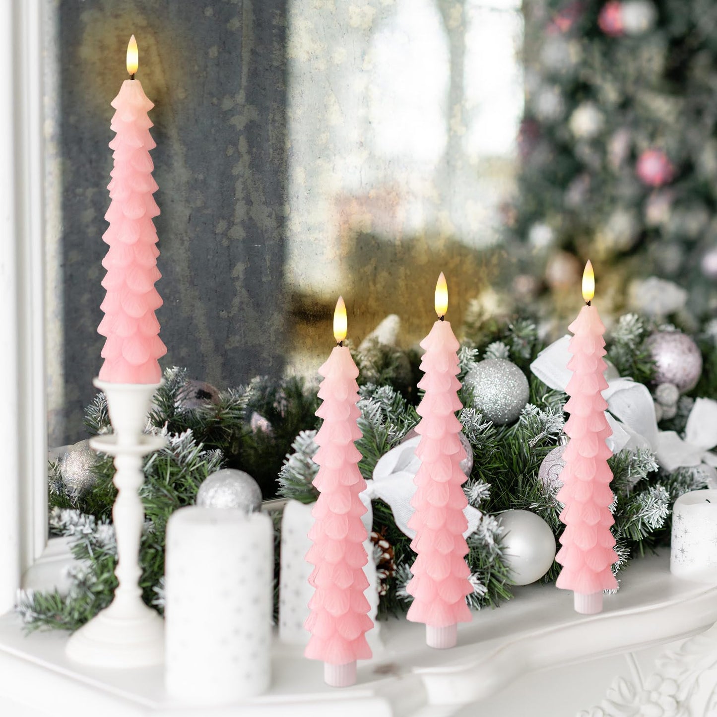 Tujoe 8 Pcs Pink Christmas Tree Flameless Taper Candles with Remote Xmas LED Candlesticks Battery Operated Electric Candlelights 3D Flickering Flame for Holiday Winter Party Table Centerpiece Decor