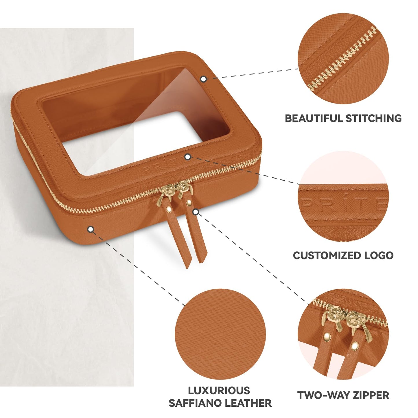 Prite Clear Makeup Bag Cosmetic Organizer Case Waterproof Travel Toiletry Bag Skincare Pouch with Golden Zipper(Brown)