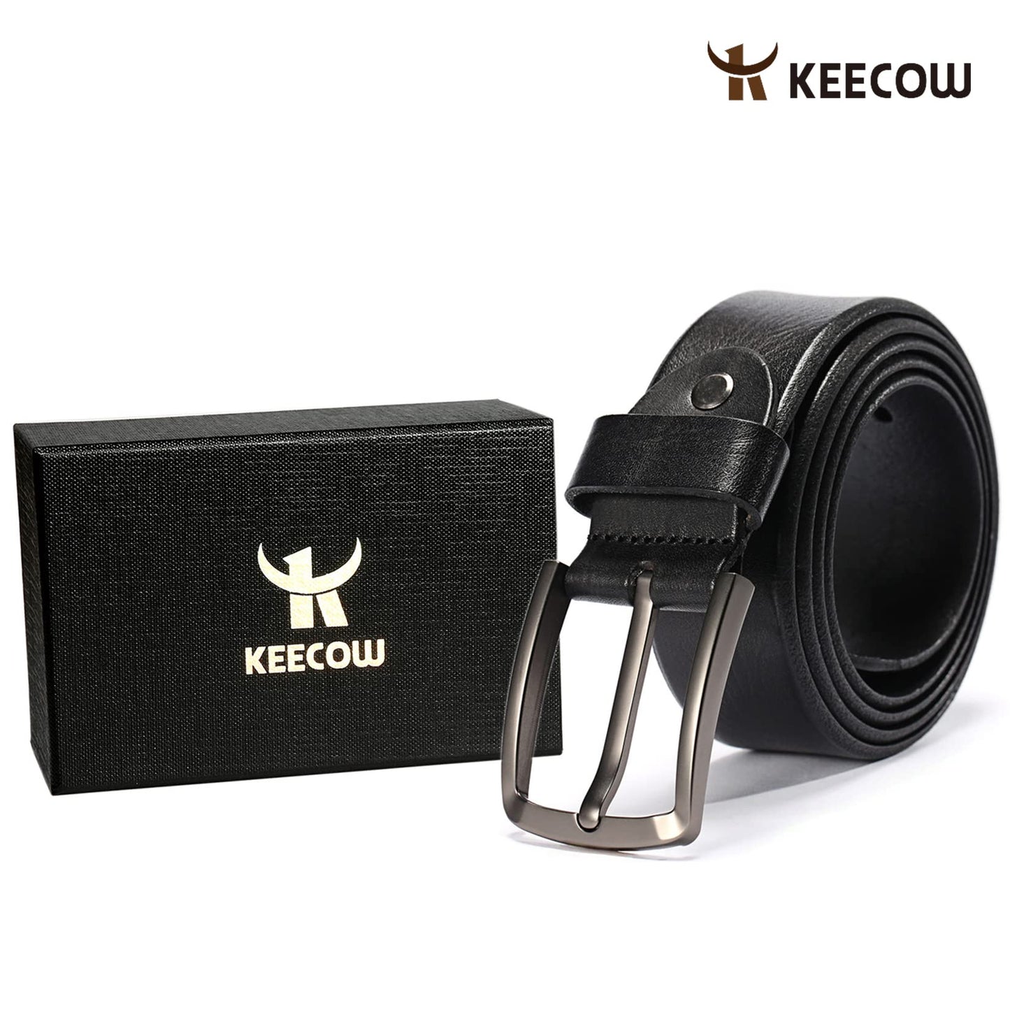 KEECOW Men's 100% Italian Cow Leather Belt Men With Anti-Scratch Buckle,Packed in a Box (Black-1003, 34-38)