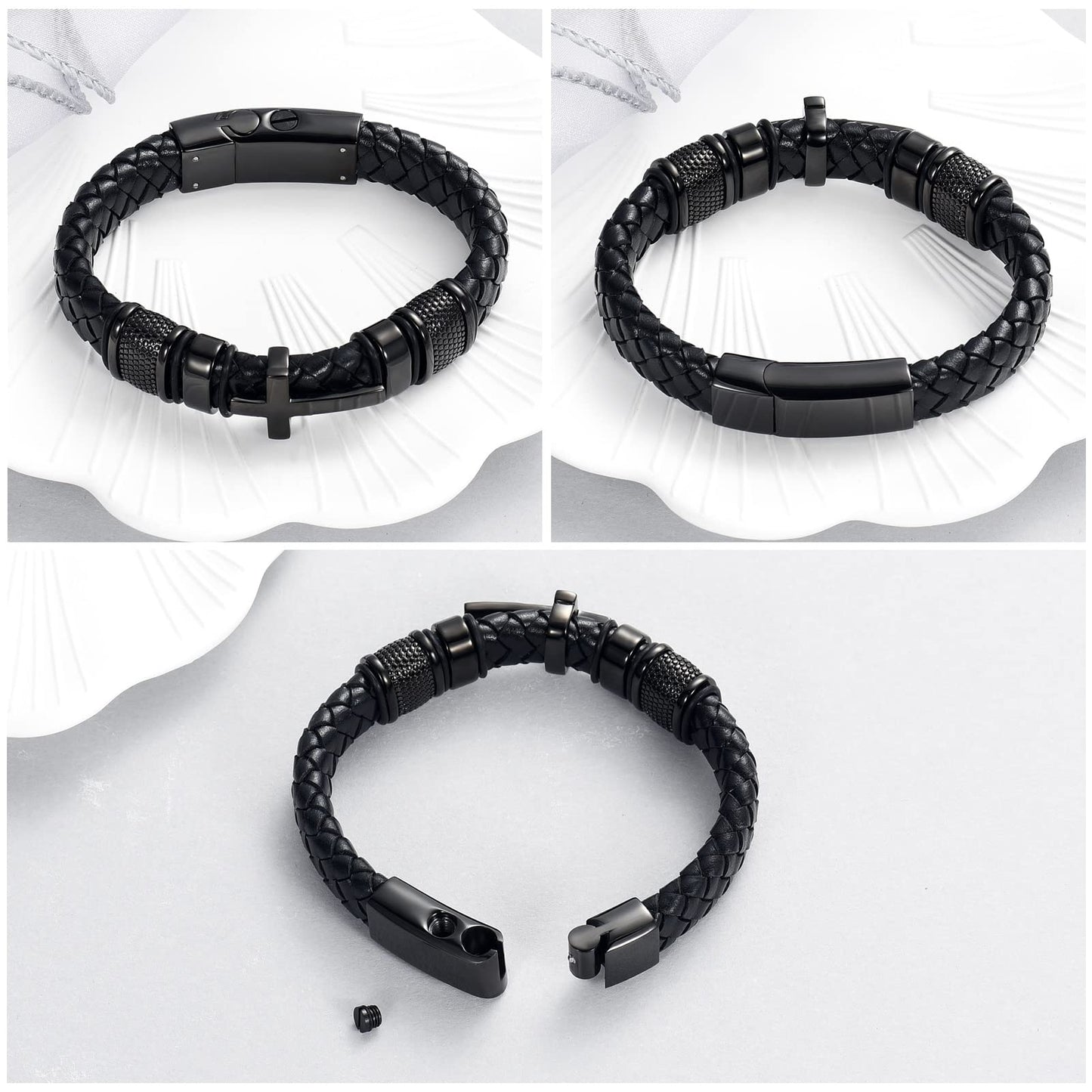 Minicremation Cross Cremation Jewelry Urn Bracelet for Ashes Genuine Leather for Women Men Keepsake Memorial Cuff Bangle Braided Wristband Bracelet for Men (Black-A, 18cm/7.08")