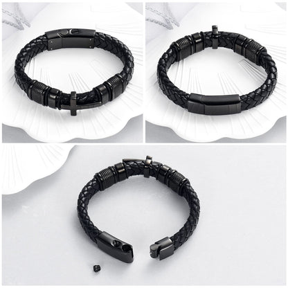 Minicremation Cross Cremation Jewelry Urn Bracelet for Ashes Genuine Leather for Women Men Keepsake Memorial Cuff Bangle Braided Wristband Bracelet for Men (Black-A, 18cm/7.08")