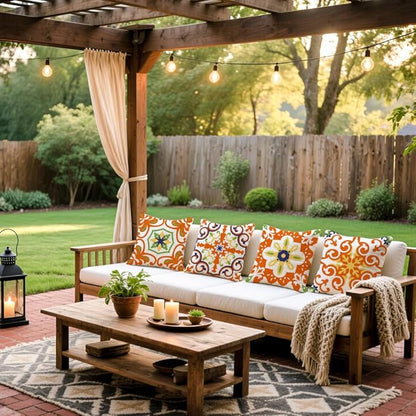 Cirzone Outdoor Pillow Covers 18x18 Set of 4 Morden Orange Geometric Patterns Waterproof Throw Outdoor Pillows Boho Decorations for Funiture Patio Garden Home