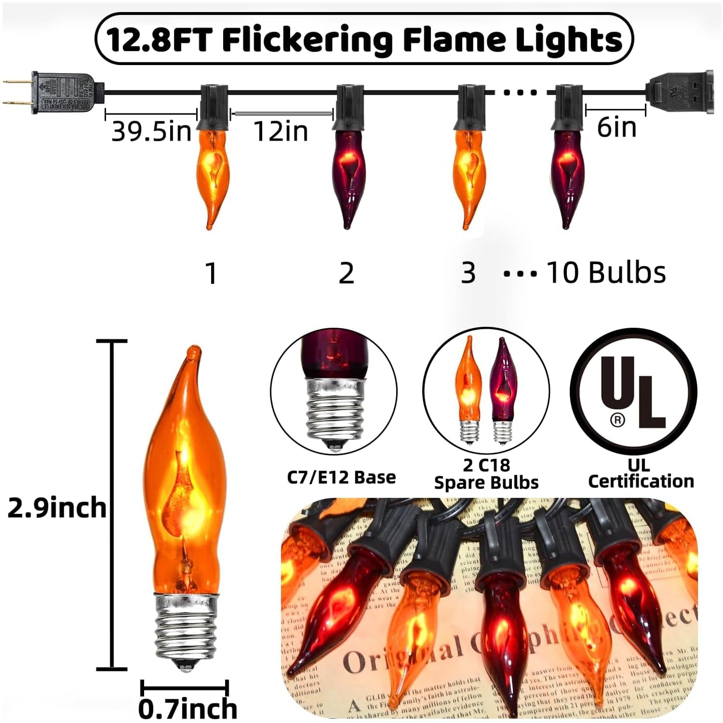 PASUTO Orange and Purple Halloween Lights - Flickering Flame String Lights, 12.8Ft Indoor Outdoor Halloween Lights C7 Retro Flame String Lights, Ideal for Fall Halloweens Decorations for Home Party