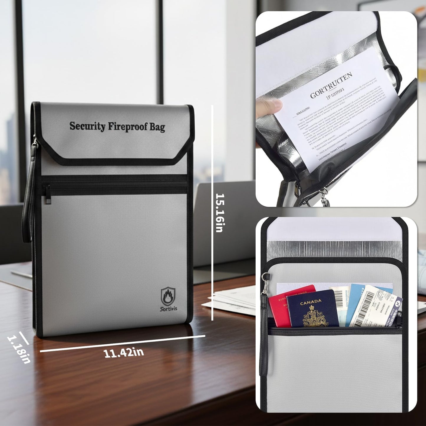 Sortivis Expandable Fireproof Document Bag for Important Documents, Vertical File Organizer with Front Pocket, Water-Resistant Document Holder for Passport, Certificates, Legal Papers & Tablet (Case)