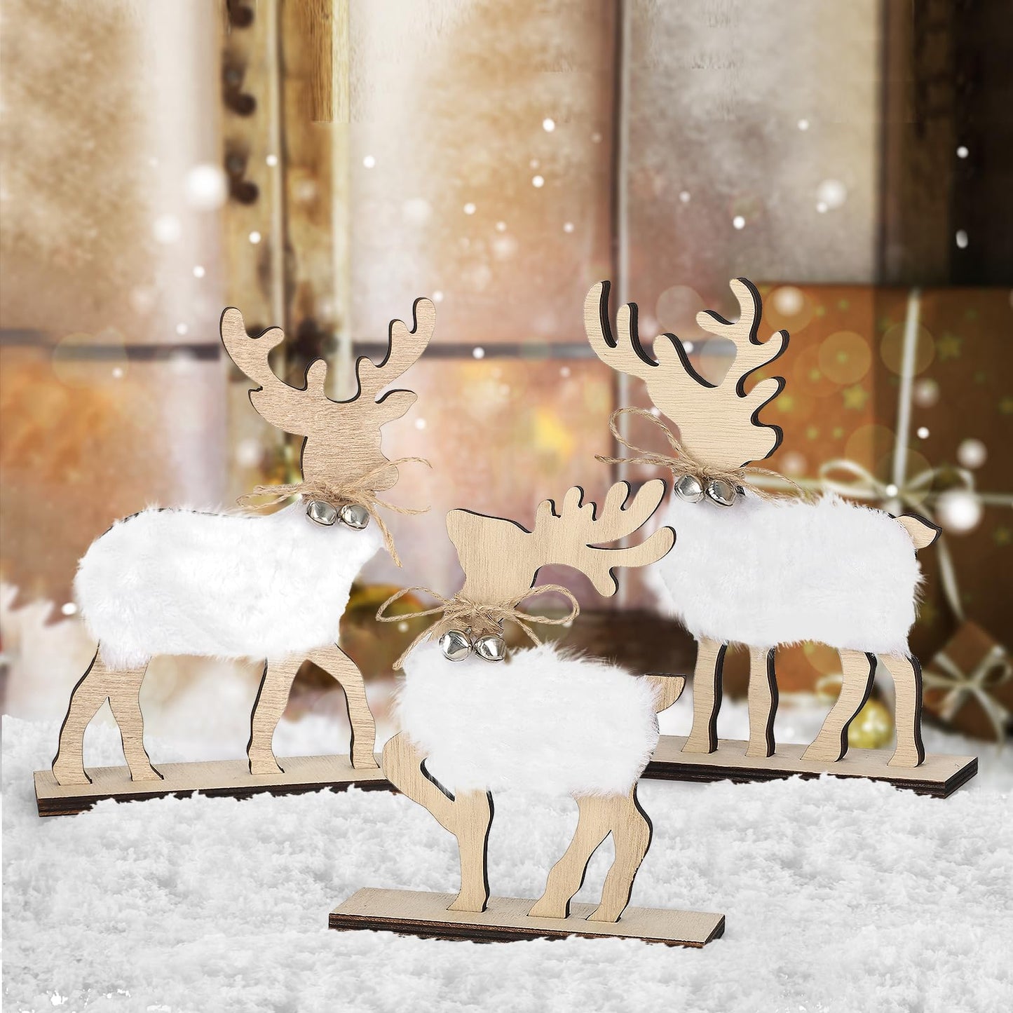 COCHIE Cute Christmas Tiered Tray Decor Indoor, Wooden Reindeer Christmas Tabletop Decorations and Xmas Tree Centerpiece, Reindeer Sign Standing Elk Decor for Home Party Decorations (Fur)