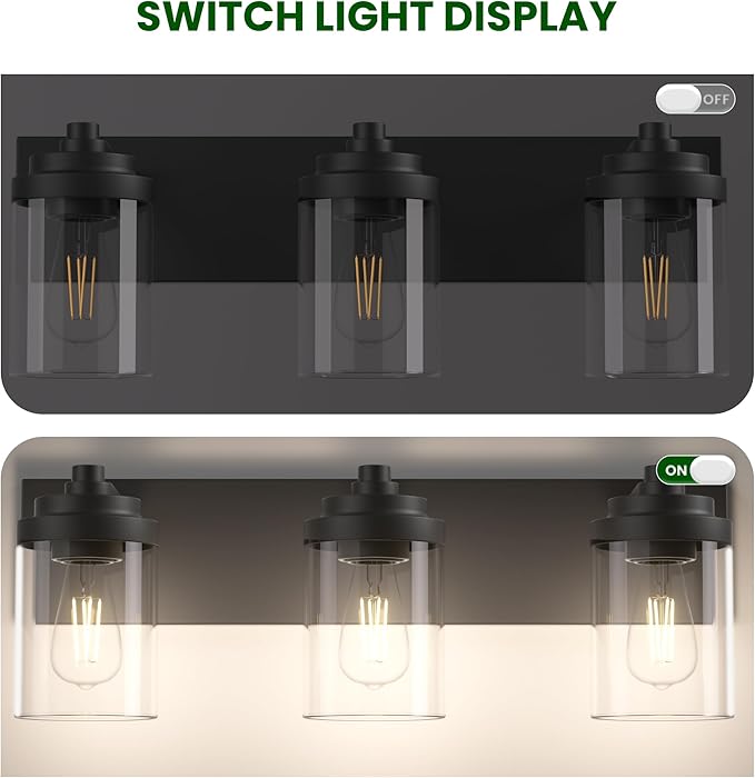 Bathroom Vanity Light, 3-Light Modern Black Vanity Light Fixtures with Clear Glass Shade, 22in Matte Black Bathroom Light Fixtures Over Mirror, Rustic Restroom Lighting Fixtures