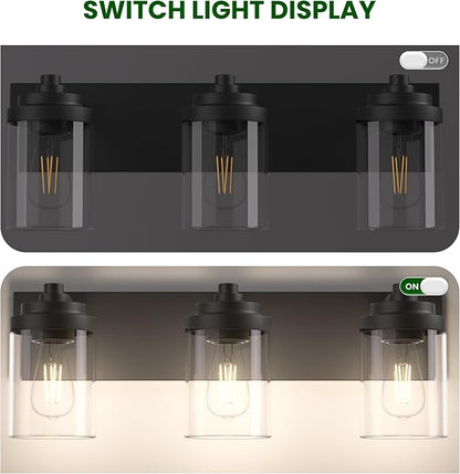 Bathroom Vanity Light, 3-Light Modern Black Vanity Light Fixtures with Clear Glass Shade, 22in Matte Black Bathroom Light Fixtures Over Mirror, Rustic Restroom Lighting Fixtures