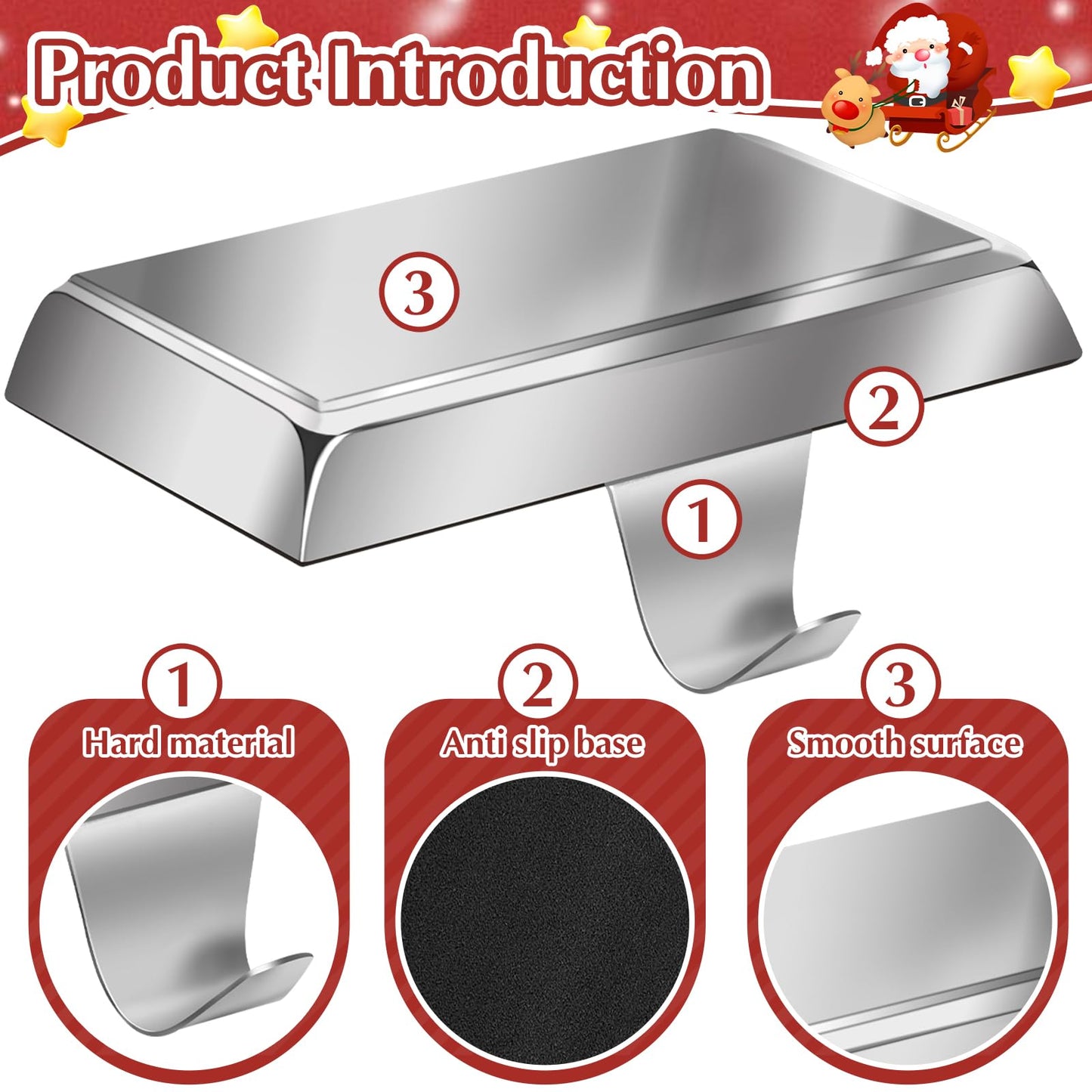Liengoron 4PCS Christmas Stocking Holders for Mantle Stocking Hangers for Mantle Metal Fireplace Stocking Hooks with Non-Slip Base Christmas Ornaments for Christmas Holiday Party Decoration Silver