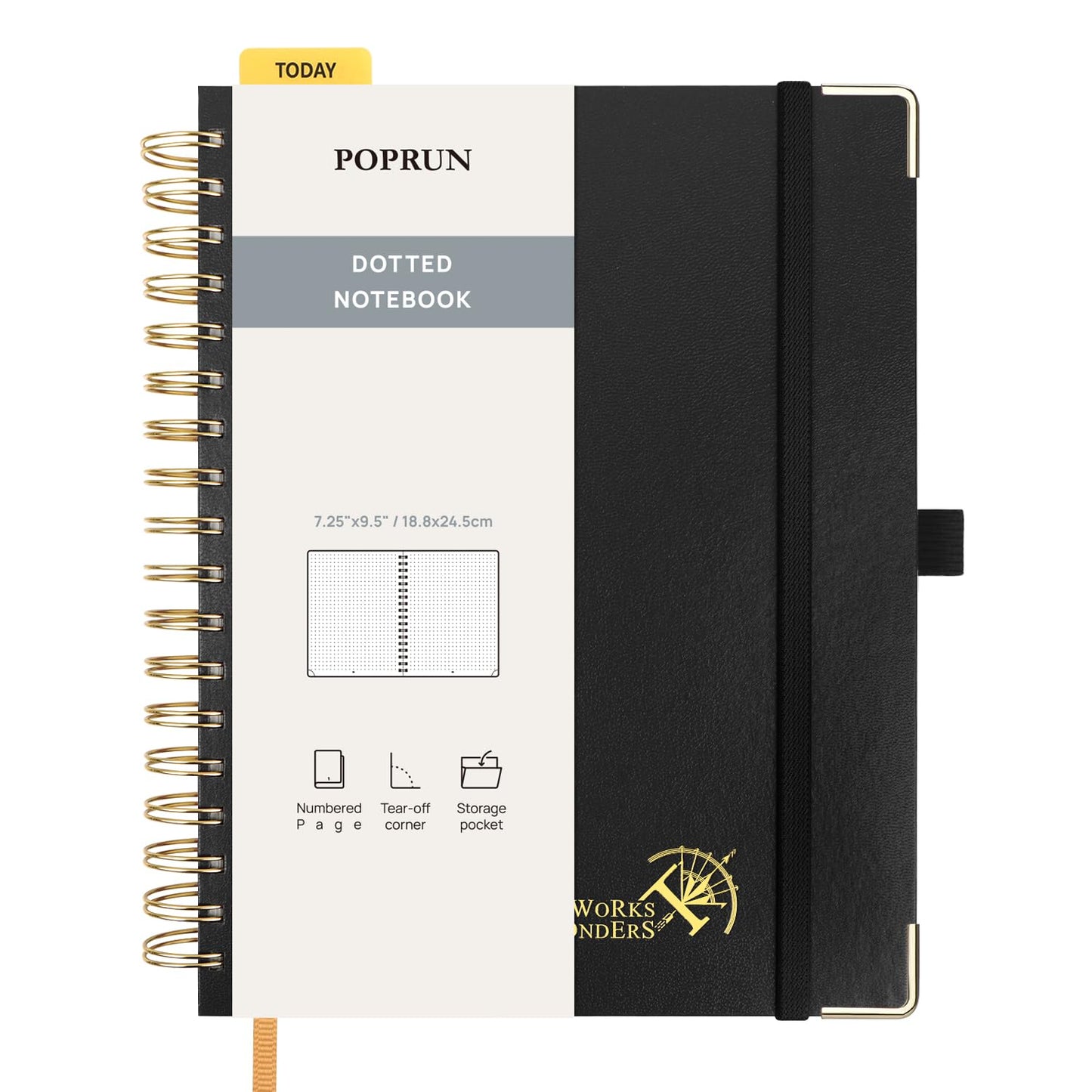 POPRUN Spiral Bullet Dotted Journal Notebook, 7-1/4" x 9-1/2" - 120 GSM Thick Paper, 220 Numbered Pages, Hardcover for Men & Women with Pocket, Index Tabs, 8 Perforated Sheets, Black